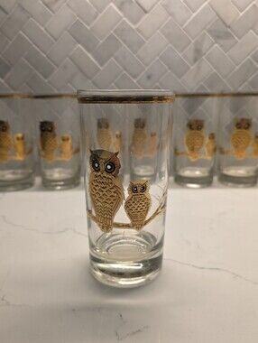 Pristine Vintage Culver 22K Gold Owl Highball Glasses - Set of 8